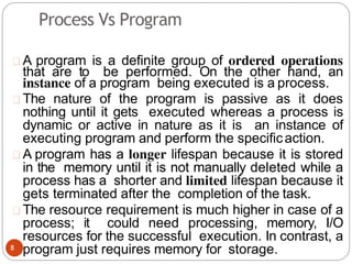 A program is a definite group of ordered operations
that are to be performed. On the other hand, an
instance of a program being executed is a process.
The nature of the program is passive as it does
nothing until it gets executed whereas a process is
dynamic or active in nature as it is an instance of
executing program and perform the specificaction.
A program has a longer lifespan because it is stored
in the memory until it is not manually deleted while a
process has a shorter and limited lifespan because it
gets terminated after the completion of the task.
The resource requirement is much higher in case of a
process; it could need processing, memory, I/O
resources for the successful execution. In contrast, a
program just requires memory for storage.
Process Vs Program
8
 