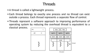 Threads
• A thread is called a lightweight process.
• Each thread belongs to exactly one process and no thread can exist
outside a process. Each thread represents a separate flow of control.
• Threads represent a software approach to improving performance of
operating system by reducing the overhead thread is equivalent to a
classical process.
aha s
gist sa registers registers t registers
threaded
thread
 