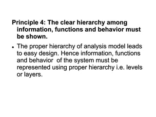 Principle 4: The clear hierarchy among
information, functions and behavior must
be shown.
 The proper hierarchy of analysis model leads
to easy design. Hence information, functions
and behavior of the system must be
represented using proper hierarchy i.e. levels
or layers.
 