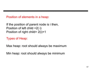 17
Position of elements in a heap:
If the position of parent node is i then,
Position of left child =2( i)
Position of right child= 2(i)+1
Types of Heap:
Max heap: root should always be maximum
Min heap: root should always be minimum
 