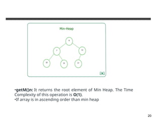 20
•getM()n: It returns the root element of Min Heap. The Time
Complexity of this operation is O(1).
•If array is in ascending order than min heap
 