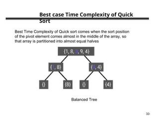 33
Best case Time Complexity of Quick
Sort
Best Time Complexity of Quick sort comes when the sort position
of the pivot element comes almost in the middle of the array, so
that array is partitioned into almost equal halves
Balanced Tree
 