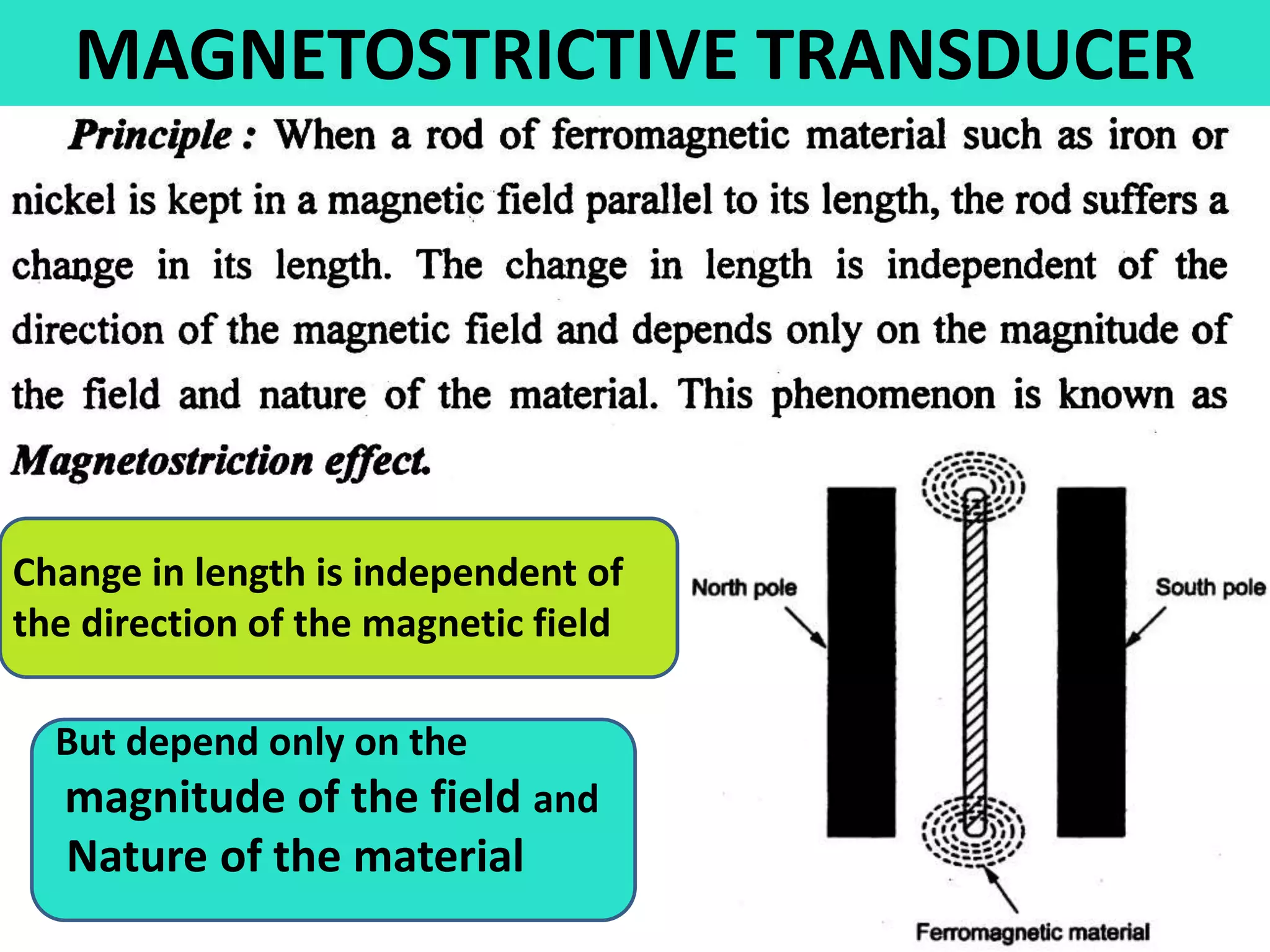 MAGNETOSTRICTIVE TRANSDUCER
.
Change in length is independent of
the direction of the magnetic field
But depend only on the
magnitude of the field and
Nature of the material
 