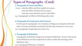 c. Paragraph of Cause and Effect
It can – state the effect and then explain its causes.
- state the effect and then list its causes.
- state the cause and then arrive at the effect.
e.g. A paragraph on effects of drinking salty water.
d. Paragraph of Comparison and Contrast
In this type of a paragraph, two concepts or things are compared with each
other. First the similarities are listed and then the contrasts or vice-versa.
e.g. A paragraph comparing town and a city.
e. Paragraph of Definition
A paragraph of definition begins by stating the definition. Some of the terms
in the definition are then explained in order to make the meaning of the
definition clear.
e.g. A paragraph defining a Computer.
Types of Paragraphs (Cntd)
 