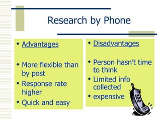 Research by Phone Advantages More flexible than by post Response rate higher Quick and easy Disadvantages Person hasn’t time to think Limited info collected expensive 