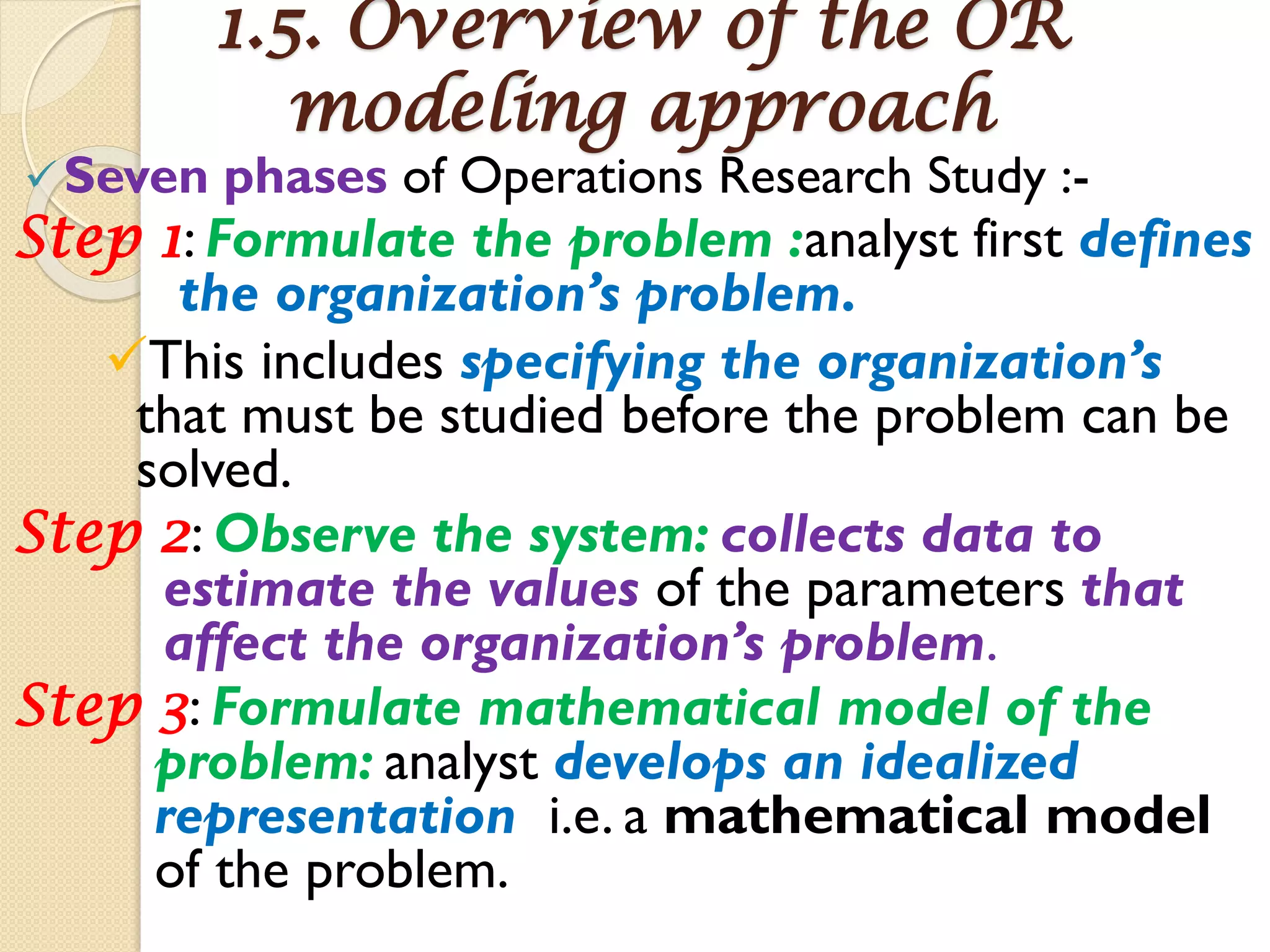 1.5. Overview of the OR
modeling approach
Seven phases of Operations Research Study :-
Step 1: Formulate the problem :analyst first defines
the organization’s problem.
This includes specifying the organization’s
that must be studied before the problem can be
solved.
Step 2: Observe the system: collects data to
estimate the values of the parameters that
affect the organization’s problem.
Step 3: Formulate mathematical model of the
problem: analyst develops an idealized
representation i.e. a mathematical model
of the problem.
 