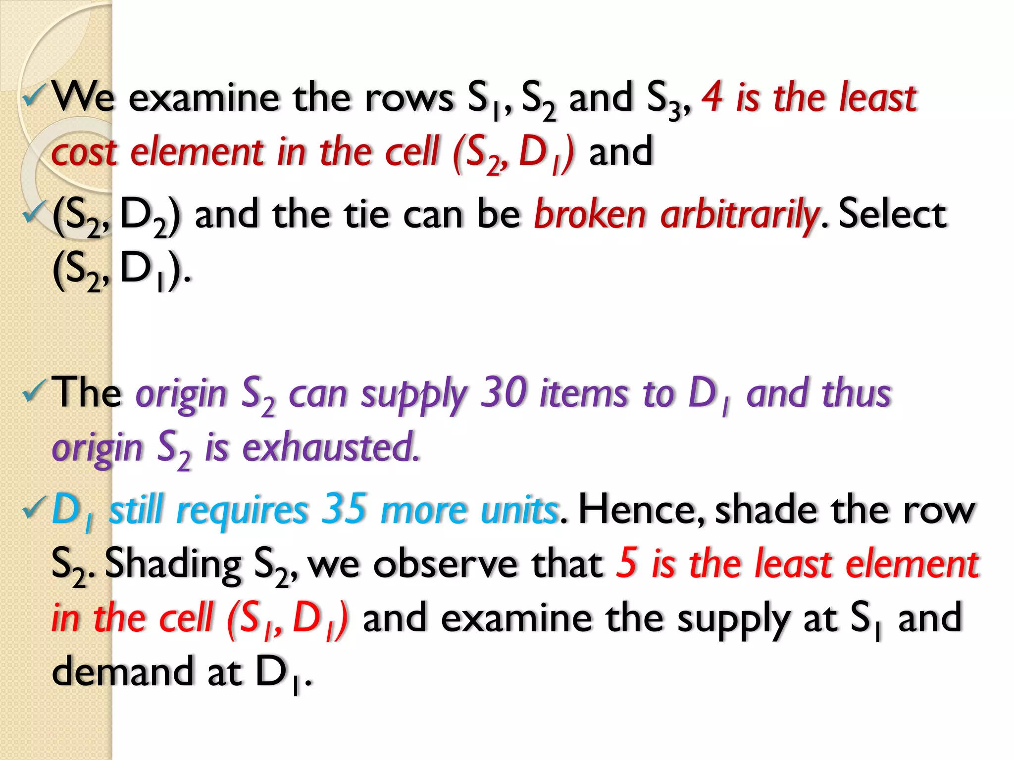 We examine the rows S1, S2 and S3, 4 is the least
cost element in the cell (S2, D1) and
(S2, D2) and the tie can be broken arbitrarily. Select
(S2, D1).
The origin S2 can supply 30 items to D1 and thus
origin S2 is exhausted.
D1 still requires 35 more units. Hence, shade the row
S2. Shading S2, we observe that 5 is the least element
in the cell (S1, D1) and examine the supply at S1 and
demand at D1.
 