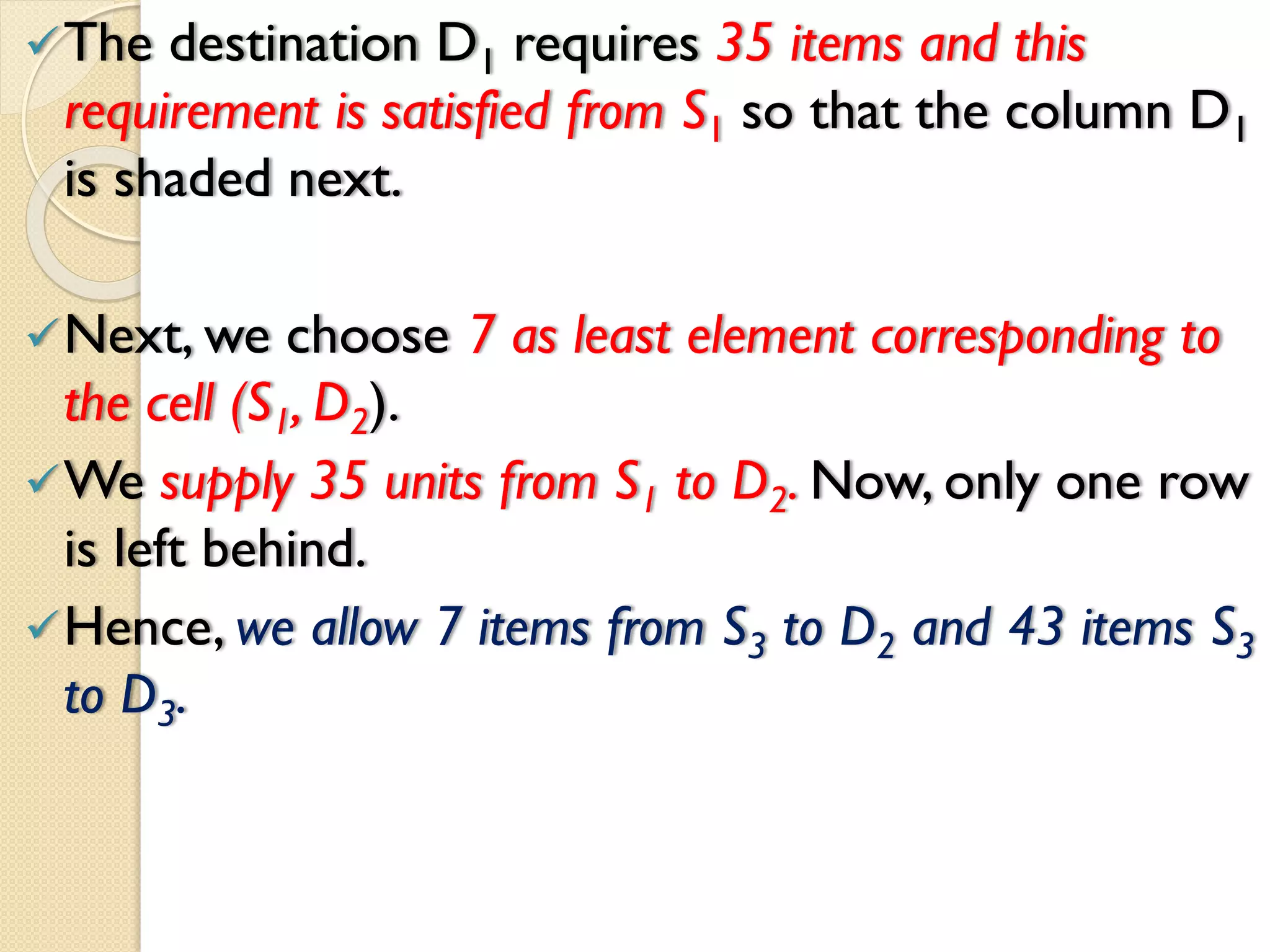 The destination D1 requires 35 items and this
requirement is satisfied from S1 so that the column D1
is shaded next.
Next, we choose 7 as least element corresponding to
the cell (S1, D2).
We supply 35 units from S1 to D2. Now, only one row
is left behind.
Hence, we allow 7 items from S3 to D2 and 43 items S3
to D3.
 