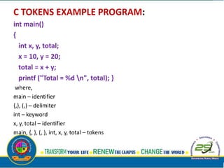 C TOKENS EXAMPLE PROGRAM:
int main()
{
int x, y, total;
x = 10, y = 20;
total = x + y;
printf ("Total = %d n", total); }
where,
main – identifier
{,}, (,) – delimiter
int – keyword
x, y, total – identifier
main, {, }, (, ), int, x, y, total – tokens
 