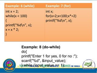 Example: 6 (while) Example: 7 (for)
int x = 2;
while(x < 100)
{
printf("%dn", x);
x = x * 2;
}
int x;
for(x=2;x<100;x*=2)
printf("%dn", x);
Example: 8 (do-while)
do{
printf("Enter 1 for yes, 0 for no :");
scanf("%d", &input_value);
} while (input_value == 1);
 