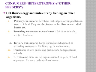 CONSUMERS (HETEROTROPHS) (“OTHER
FEEDERS”)
 Get their energy and nutrients by feeding on other
organisms.
i. Primary consumers : Are those that eat producers (plants) as a
source of food. They are also known as herbivores. ex: rabbit,
horses etc.
ii. Secondary consumers or carnivores : Eat other animals.
ex: fox, hawk etc
iii. Tertiary Consumers : Large Carnivores which feed on
secondary consumers. Ex: lions, tigers, vultures etc..
iii. Omnivores : Have mixed diet that include both plants and
animals.
iv. Detritivores: these are the organisms feed on parts of dead
organisms. Ex: ants, crabs,earthworms etc.
 