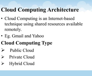 Cloud Computing Architecture
• Cloud Computing is an Internet-based
technique using shared resources available
remotely.
• Eg. Gmail and Yahoo
Cloud Computing Type
 Public Cloud
 Private Cloud
 Hybrid Cloud
 