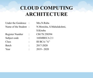 CLOUD COMPUTING
ARCHITECTURE
Under the Guidence : Mrs.N.Ruba
Name of the Student : N.Monisha, S.Mahalakshmi,
S.Kiruba
Register Number : CB17S 250394
Subject code : 16SMBECA 2:1
Class : III BCA-”A”
Batch : 2017-2020
Year : 2019 - 2020
 