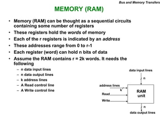 MEMORY (RAM)
Bus and Memory Transfers
• Memory (RAM) can be thought as a sequential circuits
containing some number of registers
• These registers hold the words of memory
• Each of the r registers is indicated by an address
• These addresses range from 0 to r-1
• Each register (word) can hold n bits of data
• Assume the RAM contains r = 2k words. It needs the
following
– n data input lines
– n data output lines
– k address lines
– A Read control line
– A Write control line
data input lines
data output lines
n
n
k
address lines
Read
Write
RAM
unit
 