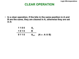 CLEAR OPERATION
Logic Microoperations
• In a clear operation, if the bits in the same position in A and
B are the same, they are cleared in A, otherwise they are set
in A
1 1 0 0 At
1 0 1 0 B
0 1 1 0 At+1 (A  A  B)
 
