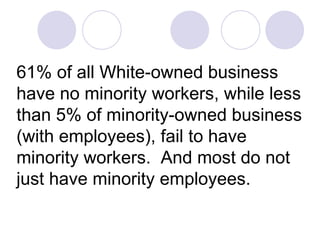 61% of all White-owned business have no minority workers, while less than 5% of minority-owned business (with employees), fail to have minority workers.  And most do not just have minority employees.  
