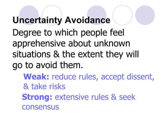 Uncertainty Avoidance   Degree to which people feel apprehensive about unknown situations & the extent they will go to avoid them.   Weak:  reduce rules, accept dissent, & take risks Strong:  extensive rules & seek consensus 