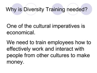 Why is Diversity Training needed?   One of the cultural imperatives is economical.  We need to train employees how to effectively work and interact with people from other cultures to make money.  