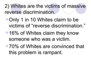 Only 1 in 10 Whites claim to be victims of “reverse discrimination.”  16% of Whites claim they know someone who was a victim. 70% of Whites are convinced that this problem is rampant. 2) Whites are the victims of massive reverse discrimination.   