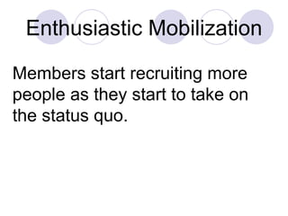 Enthusiastic Mobilization Members start recruiting more people as they start to take on the status quo. 