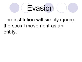 Evasion   The institution will simply ignore the social movement as an entity. 
