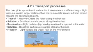 4.2.2.Transport processes
The river picks up sediment and carries it downstream in different ways. Light
loads are carried longer distance than heavy materials transferred from eroded
areas to the accumulation zone.
• Traction – Heavy boulders are rolled along the river bed
• Saltation – Small rocks are bounced along the river bed
• Suspension – Light particles (eg. sand grains) are transported in the water
• Solution – Dissolved particles are carried along by the river.
• Flotation – Light objects, eg. wood, float on the river surface
 