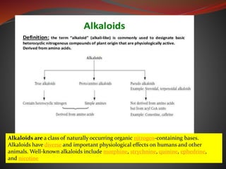 Alkaloids are a class of naturally occurring organic nitrogen-containing bases.
Alkaloids have diverse and important physiological effects on humans and other
animals. Well-known alkaloids include morphine, strychnine, quinine, ephedrine,
and nicotine
 