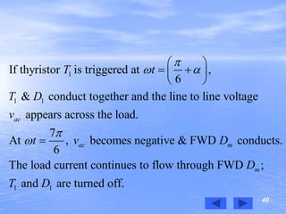 40
1
1 1
If thyristor is triggered at ,
6
& conduct together and the line to line voltage
appears across the load.
7
At , becomes negative & FWD conducts.
6
The load current contin
ac
ac m
T t
T D
v
t v D

 


 
  
 

1 1
ues to flow through FWD ;
and are turned off.
mD
T D
 