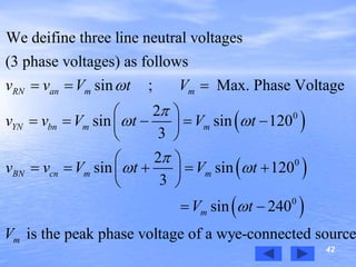42
 
 
 
0
0
0
We deifine three line neutral voltages
(3 phase voltages) as follows
sin ; Max. Phase Voltage
2
sin sin 120
3
2
sin sin 120
3
sin 240
RN an m m
YN bn m m
BN cn m m
m
v v V t V
v v V t V t
v v V t V t
V t
V


 

 

  
 
     
 
 
     
 
 
is the peak phase voltage of a wye-connected sourcem
 