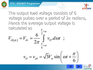 65
 
2
6
6
. ;
2
3 sin
6
dc OO dc
O ab m
V V v d t
v v V t










 
 
   
 

The output load voltage consists of 6
voltage pulses over a period of 2 radians,
Hence the average output voltage is
calculated as
 