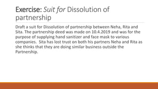 Exercise: Suit for Dissolution of
partnership
Draft a suit for Dissolution of partnership between Neha, Rita and
Sita. The...