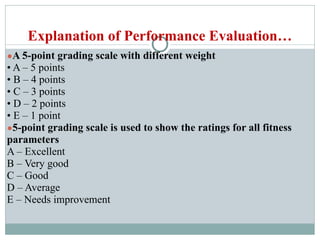 Explanation of Performance Evaluation…
●A 5-point grading scale with different weight
• A – 5 points
• B – 4 points
• C – 3 points
• D – 2 points
• E – 1 point
●5-point grading scale is used to show the ratings for all fitness
parameters
A – Excellent
B – Very good
C – Good
D – Average
E – Needs improvement
 