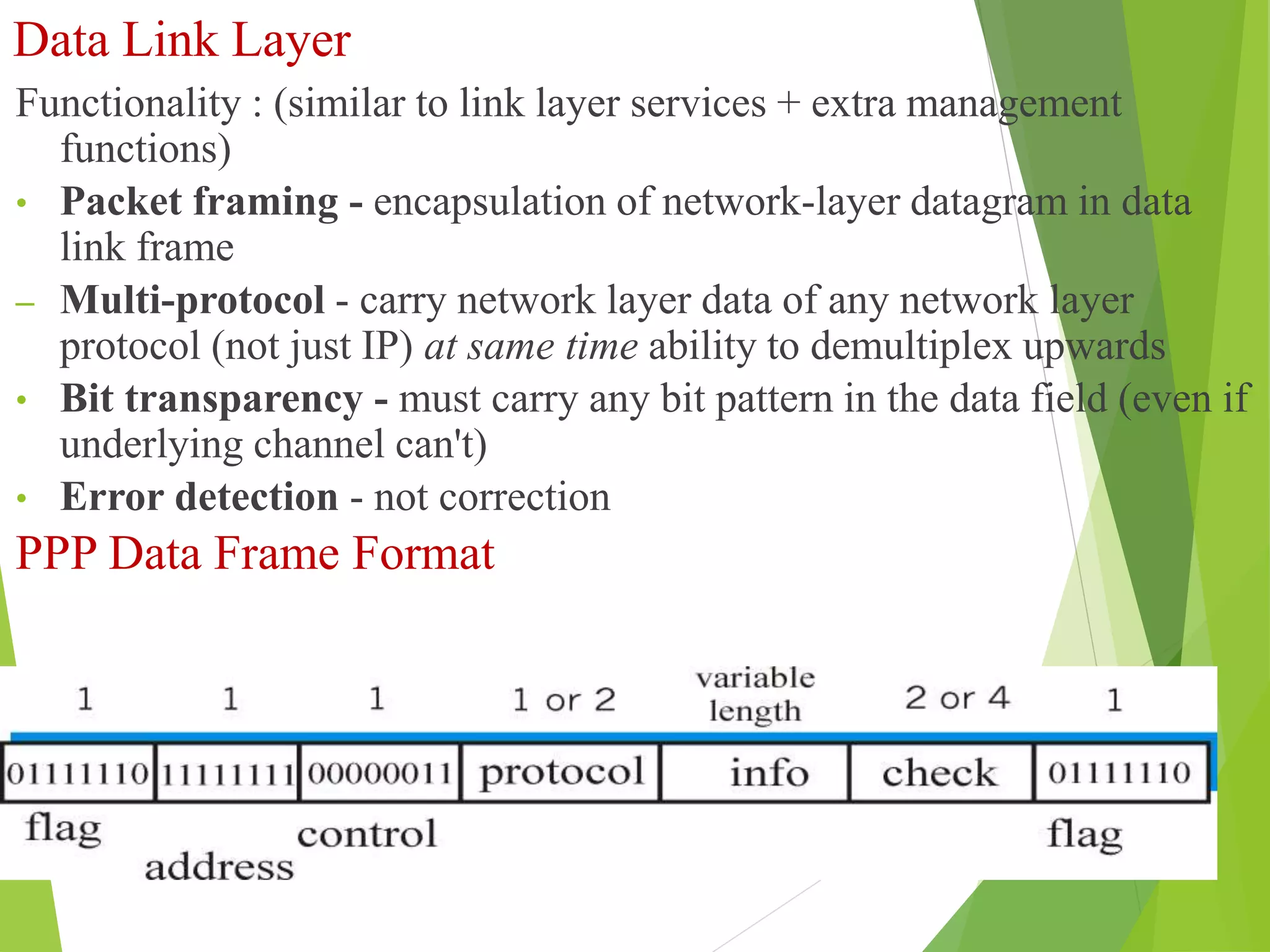 Data Link Layer
Functionality : (similar to link layer services + extra management
functions)
• Packet framing - encapsulation of network-layer datagram in data
link frame
– Multi-protocol - carry network layer data of any network layer
protocol (not just IP) at same time ability to demultiplex upwards
• Bit transparency - must carry any bit pattern in the data field (even if
underlying channel can't)
• Error detection - not correction
PPP Data Frame Format
 