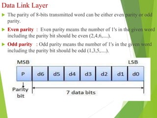 Data Link Layer
 The parity of 8-bits transmitted word can be either even parity or odd
parity.
 Even parity : Even parity means the number of 1's in the given word
including the parity bit should be even (2,4,6,....).
 Odd parity : Odd parity means the number of 1's in the given word
including the parity bit should be odd (1,3,5,....).
 