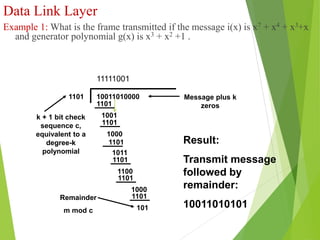 Data Link Layer
Example 1: What is the frame transmitted if the message i(x) is x7 + x4 + x3+x
and generator polynomial g(x) is x3 + x2 +1 .
1001
1101
1000
1101
1011
1101
1100
1101
1000
1101
1101
k + 1 bit check
sequence c,
equivalent to a
degree-k
polynomial
101
1101
Remainder
m mod c
10011010000 Message plus k
zeros
Result:
Transmit message
followed by
remainder:
10011010101
11111001
 