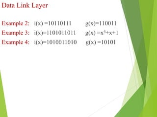 Data Link Layer
Example 2: i(x) =10110111 g(x)=110011
Example 3: i(x)=1101011011 g(x) =x4+x+1
Example 4: i(x)=1010011010 g(x) =10101
 