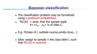 Estimating a-posteriori probabilities
 Bayes theorem:
P(C|X) = P(X|C)·P(C) / P(X)
 P(X) is constant for all classes
 P(...