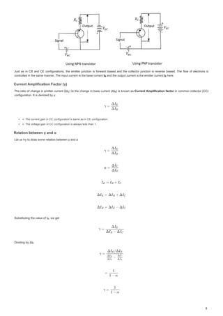 -XVWDVLQ % DQG(FRQILJXUDWLRQVWKHHPLWWHUMXQFWLRQ LVIRUZDUGELDVHGDQGWKHFROOHFWRUMXQFWLRQLVUHYHUVHELDVHG 7KHIORZRIHOHFWURQVLV
-XVWDVLQ%DQG(FRQILJXUDWLRQVWKHHPLWWHUMXQFWLRQLVIRUZDUGELDVHGDQGWKHFROOHFWRUMXQFWLRQLVUHYHUVHELDVHG7KHIORZRIHOHFWURQVLV
FRQWUROOHGLQWKHVDPHPDQQHU7KHLQSXWFXUUHQWLVWKHEDVHFXUUHQW
FRQWUROOHGLQWKHVDPHPDQQHU7KHLQSXWFXUUHQWLVWKHEDVHFXUUHQW,
, DQGWKHRXWSXWFXUUHQWLVWKHHPLWWHUFXUUHQW
DQGWKHRXWSXWFXUUHQWLVWKHHPLWWHUFXUUHQW
DQGWKHRXWSXWFXUUHQWLVWKHHPLWWHUFXUUHQW,
, KHUH
KHUH
KHUH
XUUHQW$PSOLILFDWLRQ)DFWRU Ȗ
XUUHQW$PSOLILFDWLRQ)DFWRU
XUUHQW$PSOLILFDWLRQ)DFWRU Ȗ
XUUHQW$PSOLILFDWLRQ)DFWRU Ȗ
7KHUDWLR RIFKDQJHLQ HPLWWHUFXUUHQW ǻ,
7KHUDWLRRIFKDQJHLQHPLWWHUFXUUHQW ǻ, WRWKHFKDQJHLQEDVHFXUUHQW ǻ,
ǻ,
WRWKHFKDQJHLQEDVHFXUUHQW ǻ, LV NQRZQDV
LVNQRZQDVXUUHQW $PSOLILFDWLRQIDFWRU
IDFWRU
XUUHQW$PSOLILFDWLRQIDFWRU LQFRPPRQFROOHFWRU 
LQFRPPRQFROOHFWRU 
FRQILJXUDWLRQ,WLVGHQRWHGEȖ
FRQILJXUDWLRQ,WLVGHQRWHGEȖ
7KHFXUUHQWJDLQLQFRQILJXUDWLRQLVVDPHDVLQ(FRQILJXUDWLRQ
7KHFXUUHQWJDLQLQFRQILJXUDWLRQLVVDPHDVLQ(FRQILJXUDWLR
7KHFXUUHQWJDLQLQFRQILJXUDWLRQLVVDPHDVLQ(FRQILJXUDWLRQ
7KHFXUUHQWJDLQLQFRQILJXUDWLRQLVVDPHDVLQ(FRQILJXUDWLRQ
7KHYROWDJHJDLQLQFRQILJXUDWLRQLVDOZDVOHVVWKDQ
7KHYROWDJH LQLQFRQIL UDWLRQLVDOZDVOHVVWKDQ
7KHYROWDJHJDLQLQFRQILJXUDWLRQLVDOZDVOHVVWKDQ
7KHYROWDJHJDLQLQFRQILJXUDWLRQLVDOZDVOHVVWKDQ
5HODWLRQEHWZHHQȖDQGĮ
5HODWLRQEHWZHHQȖDQGĮ
5HODWLRQEHWZHHQȖDQG Į
5HODWLRQEHWZHHQȖDQG Į
/HWXVWUWRGUDZVRPHUHODWLRQEHWZHHQȖDQGĮ
/HWXVWUWRGUDZVRPHUHODWLRQEHWZHHQȖDQGĮ
6XEVWLWXWLQJWKHYDOXHRI,
6XEVWLWXWLQJWKHYDOXHRI, Z JHW
ZHJHW
ZHJHW
'LYLGLQJE ,
'LYLGLQJEǻ,
'LYLGLQJEǻ,
%
%
% ,(
(
(
(
( %
%
%


%
%
%
(
(
 