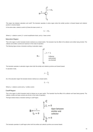 7KLVUHJLRQ OLHVEHWZHHQ VDWXUDWLRQ DQGFXWRII
I
I 7KHWUDQVLVWRURSHUDWHV LQDFWLYHUHJLRQZKHQWKHHPLWWHUMXQFWLRQ LVIRUZDUGELDVHGDQGFROOHFWRU
7KLVUHJLRQOLHVEHWZHHQVDWXUDWLRQDQGFXWRII7KHWUDQVLVWRURSHUDWHVLQDFWLYHUHJLRQZKHQWKHHPLWWHUMXQFWLRQLVIRUZDUGELDVHGDQGFROOHFWRU
MXQFWLRQLVUHYHUVHELDVHG
MXQFWLRQLVUHYHUVHELDVHG
,QWKHDFWLYHVWDWHFROOHFWRUFXUUHQWLVȕWLPHVWKHEDVHFXUUHQWLH
,QWKHDFWLYHVWDWHFROOHFWRUFXUUHQWLVȕWLPHVWKHEDVHFXUUHQWLH
:KHUH,
:KHUH ,
:KHUH, FROOHFWRUFXUUHQWȕ FXUUHQWDPSOLILFDWLRQIDFWRU
FROOHFWRUFXUUHQW ȕ FXUUHQWDPSOLILFDWLRQIDFWRU
UDQG,
DQG,
 FROOHFWRUFXUUHQWȕ FXUUHQWDPSOLILFDWLRQIDFWRUDQG, EDVHFXUUHQW
EDVH FXUUHQW
 EDVHFXUUHQW
6DWXUDWLRQ5HJLRQ
6DWXUDWLRQ5HJLRQ
6DWXUDWLRQ5HJLRQ
6DWXUDWLRQ5HJLRQ
7KLVLVWKH UHJLRQ LQ ZKLFK WUDQVLVWRUWHQGVWR EHKDYHDV D FORVHGVZLWFK 7KH WUDQVLVWRUKDVWKHHIIHFW
I
I RILWVFROOHFWRUDQGHPLWWHUEHLQJVKRUWHG7KH
7KLVLVWKHUHJLRQLQZKLFKWUDQVLVWRUWHQGVWREHKDYHDVDFORVHGVZLWFK7KHWUDQVLVWRUKDVWKHHIIHFWRILWVFROOHFWRUDQGHPLWWHUEHLQJVKRUWHG7KH
FROOHFWRUDQGHPLWWHUFXUUHQWVDUHPD[LPXPLQWKLVPRGHRIRSHUDWLRQ
FROOHFWRUDQGHPLWWHUFXUUHQWVDUHPD[LPXPLQWKLVPRGHRIRSHUDWLRQ
7KHIROORZLQJILJXUHVKRZVDWUDQVLVWRUZRUNLQJLQVDWXUDWLRQUHJLRQ
7KHIROORZLQJILJXUHVKRZVDWUDQVLVWRUZRUNLQJLQVDWXUDWLRQUHJLRQ
7KHWUDQVLVWRURSHUDWHVLQVDWXUDWLRQUHJLRQZKHQERWKWKHHPLWWHUDQGFROOHFWRUMXQFWLRQVDUHIRUZDUGELDVHG
7KHWUDQVLVWRURSHUDWHVLQVDWXUDWLRQUHJLRQZKHQERWKWKHHPLWWHUDQGFROOHFWRUMXQFWLRQVDUHIRUZDUGELDVHG
,QVDWXUDWLRQPRGH
,QVDWXUDWLRQPRGH
$VLQWKHVDWXUDWLRQUHJLRQWKHWUDQVLVWRUWHQGVWREHKDYHDVDFORVHGVZLWFK
$VLQWKHVDWXUDWLRQUHJLRQWKHWUDQVLVWRUWHQGVWREHKDYHDVDFORVHGVZLWFK
:KHUH,
:KHUH ,
:KHUH, FROOHFWRUFXUUHQWDQG ,
FROOHFWRU FXUUHQW DQG ,
 FROOHFWRUFXUUHQWDQG, HPLWWHUFXUUHQW
HPLWWHU FXUUHQW
 HPLWWHUFXUUHQW
XWRII5HJLRQ
XWRII5HJLRQ
XWRII5HJLRQ
XWRII5HJLRQ
7KLVLV WKHUHJLRQLQZKLFK WUDQVLVWRUWHQGVWREHKDYHDV DQRSHQVZLWFK 7KH WUDQVLVWRUKDVWKHHIIHFW
I
I RILWVFROOHFWRUDQGEDVHEHLQJ RSHQHG7KH
7KLVLVWKHUHJLRQLQZKLFKWUDQVLVWRUWHQGVWREHKDYHDVDQRSHQVZLWFK7KHWUDQVLVWRUKDVWKHHIIHFWRILWVFROOHFWRUDQGEDVHEHLQJRSHQHG7KH
FROOHFWRUHPLWWHUDQGEDVHFXUUHQWVDUHDOO]HURLQWKLVPRGHRIRSHUDWLRQ
FROOHFWRUHPLWWHUDQGEDVHFXUUHQWVDUHDOO]HURLQWKLVPRGHRIRSHUDWLRQ
7KHILJXUHEHORZVKRZVDWUDQVLVWRUZRUNLQJLQFXWRIIUHJLRQ
I
I
7KHILJXUHEHORZVKRZVDWUDQVLVWRUZRUNLQJLQFXWRIIUHJLRQ
7KHWUDQVLVWRURSHUDWHVLQFXWRIIUHJLRQZKHQERWKWKHHPLWWHUDQGFROOHFWRUMXQFWLRQVDUHUHYHUVHELDVHG
I
I
7KHWUDQVLVWRURSHUDWHVLQFXWRIIUHJLRQZKHQERWKWKHHPLWWHUDQGFROOHFWRUMXQFWLRQVDUHUHYHUVHELDVHG

 %
%

 (
(
 