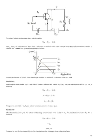 7KHYDOXHRIFROOHFWRUHPLWWHUYROWDJHDWDQJLYHQWLPHZLOOEH
7KHYDOXHRIFROOHFWRUHPLWWHUYROWDJHDWDQJLYHQWLPHZLOOEH
$V 9
$V 9
$V9 DQG
DQG 5
5
DQG5 DUH IL[HG YDOXHVWKHDERYHRQHLVDILUVWGHJUHHHTXDWLRQ DQGKHQFHZLOO EH DVWUDLJKWOLQH RQ WKHRXWSXWFKDUDFWHULVWLFV 7KLV OLQH LV
DUHIL[HGYDOXHVWKHDERYHRQHLVDILUVWGHJUHHHTXDWLRQDQGKHQFHZLOOEHDVWUDLJKWOLQHRQWKHRXWSXWFKDUDFWHULVWLFV7KLVOLQHLV
FDOOHG DV
FDOOHGDV'/RDG OLQH
'/RDGOLQH7KHILJXUHEHORZVKRZVWKH'ORDGOLQH

7KHILJXUHEHORZVKRZVWKH'ORDGOLQH
7RREWDLQWKHORDGOLQHWKHWZRHQGSRLQWVRIWKHVWUDLJKWOLQHDUHWREHGHWHUPLQHG/HWWKRVHWZRSRLQWVEH$DQG%
7
7
7RREWDLQWKHORDGOLQHWKHWZRHQGSRLQWVRIWKHVWUDLJKWOLQHDUHWREHGHWHUPLQHG/HWWKRVHWZRSRLQWVEH$DQG%
7RREWDLQ$
7
7
7
7 EW L $
7
7R REWDLQ $
R REWDLQ $
7
7
7
7
7
7
7
7
:KHQ FROOHFWRUHPLWWHUYROWDJH 9
9
:KHQFROOHFWRUHPLWWHUYROWDJH9  WKHFROOHFWRUFXUUHQWLV PD[LPXP DQGLVHTXDO WR9
9
 WKHFROOHFWRUFXUUHQWLVPD[LPXPDQGLVHTXDOWR9 5
5
5 
 7KLVJLYHV WKHPD[LPXP YDOXH RI9
9
7KLVJLYHVWKHPD[LPXPYDOXHRI9 
 7KLVLV
7KLVLV
VKRZQDV
VKRZQDV
7KLVJLYHVWKHSRLQW$ 2$ 9
7KLVJLYHVWKHSRLQW$ 2$ 9
7KLVJLYHVWKHSRLQW$ 2$ 9 5
5
5 RQFROOHFWRUFXUUHQWD[LVVKRZQLQWKHDERYHILJXUH
RQFROOHFWRUFXUUHQWD[LVVKRZQLQWKHDERYHILJXUH
RQFROOHFWRUFXUUHQWD[LVVKRZQLQWKHDERYHILJXUH
7RREWDLQ%
7
7
7
7 EW L %
7
7R REWDLQ %
R REWDLQ %
7
7
7
7
7
7
7
7
:KHQWKHFROOHFWRUFXUUHQW,
:KHQWKHFROOHFWRUFXUUHQW,  WKHQFROOHFWRUHPLWWHUYROWDJH LV PD[LPXPDQGZLOOEH HTXDOWRWKH9
9
 WKHQFROOHFWRUHPLWWHUYROWDJHLVPD[LPXPDQGZLOOEHHTXDOWRWKH9 
 7KLVJLYHV WKHPD[LPXP YDOXH RI,
,
7KLVJLYHVWKHPD[LPXPYDOXHRI, 7KLVLV
 7KLV LV
7KLVLV
VKRZQDV
VKRZQDV
$6,
$6,
$6, 

 
7KLVJLYHVWKHSRLQW%ZKLFKPHDQV 2% 9
7KLVJLYHVWKHSRLQW% ZKLFKPHDQV 2% 9
7KLVJLYHVWKHSRLQW%ZKLFKPHDQV 2% 9 RQWKHFROOHFWRUHPLWWHUYROWDJHD[LVVKRZQLQWKHDERYHILJXUH
RQWKHFROOHFWRUHPLWWHUYROWDJHD[LVVKRZQLQWKHDERYHILJXUH
RQWKHFROOHFWRUHPLWWHUYROWDJHD[LVVKRZQLQWKHDERYHILJXUH
9
9

 5
5


9
9(

( 9 






 5
5 



 9
9 
(

(
9
9 






 5





 9
9 


 









9
9


 