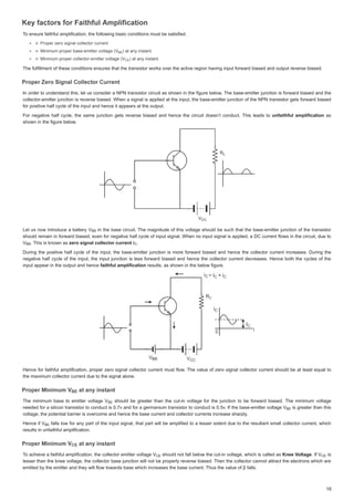 .HIDFWRUVIRU)DLWKIXO$PSOLILFDWLRQ
.HIDFWRUVIRU)DLWKIXO$PSOLILFDWLRQ
.HIDFWRUVIRU)DLWKIXO$PSOLILFDWLRQ
.HIDFWRUVIRU)DLWKIXO$PSOLILFDWLRQ
7RHQVXUHIDLWKIXODPSOLILFDWLRQWKHIROORZLQJEDVLFFRQGLWLRQVPXVWEHVDWLVILHG
7
7
7RHQVXUHIDLWKIXODPSOLILFDWLRQWKHIROORZLQJEDVLFFRQGLWLRQVPXVWEHVDWLVILHG
3URSHU]HURVLJQDOFROOHFWRUFXUUHQW
3URSHU]HURVLJQDOFROOHFWRUFXUUHQW
3URSHU]HURVLJQDOFROOHFWRUFXUUHQW
3URSHU]HURVLJQDOFROOHFWRUFXUUHQW
0LQLPXPSURSHUEDVHHPLWWHUYROWDJH 9
0LQLPX HUEDVHHPLWWHUYROWD 9
0LQLPXPSURSHUEDVHHPLWWHUYROWDJH 9
0LQLPXPSURSHUEDVHHPLWWHUYROWDJH 9 DWDQLQVWDQW
DW DQ LQVWDQW
DWDQLQVWDQW
DWDQ LQVWDQW
0LQLPXPSURSHUFROOHFWRUHPLWWHUYROWDJH 9
0LQLPXPSURSHUFROOHFWRUHPLWWHUYROWDJH 9
0LQLPXPSURSHUFROOHFWRUHPLWWHUYROWDJH 9
0LQLPXPSURSHUFROOHFWRUHPLWWHUYROWDJH 9 DWDQLQVWDQW
DW DQ LQVWDQW
DWDQLQVWDQW
DWDQLQVWDQW
7KHIXOILOOPHQWRIWKHVHFRQGLWLRQVHQVXUHVWKDWWKHWUDQVLVWRUZRUNVRYHUWKHDFWLYHUHJLRQKDYLQJLQSXWIRUZDUGELDVHGDQGRXWSXWUHYHUVHELDVHG
7KHIXOILOOPHQWRIWKHVHFRQGLWLRQVHQVXUHVWKDWWKHWUDQVLVWRUZRUNVRYHUWKHDFWLYHUHJLRQKDYLQJLQSXWIRUZDUGELDVHGDQGRXWSXWUHYHUVHELDVHG
3URSHU=HUR6LJQDOROOHFWRUXUUHQW
3URSHU=HUR6LJQDOROOHFWRUXUUH W
3URSHU=HUR6LJQDOROOHFWRUXUUHQW
3URSHU=HUR6LJQDOROOHFWRUXUUHQW
,QRUGHUWR XQGHUVWDQGWKLV OHWXV FRQVLGHUD 131WUDQVLVWRUFLUFXLWDV VKRZQLQWKHILJXUHEHORZ7KHEDVHHPLWWHUMXQFWLRQLVIRUZDUGELDVHGDQGWKH
,QRUGHUWRXQGHUVWDQGWKLVOHWXVFRQVLGHUD131WUDQVLVWRUFLUFXLWDVVKRZQLQWKHILJXUHEHORZ7KHEDVHHPLWWHUMXQFWLRQLVIRUZDUGELDVHGDQGWKH
FROOHFWRUHPLWWHUMXQFWLRQ LVUHYHUVHELDVHG:KHQDVLJQDOLV DSSOLHGDWWKHLQSXWWKHEDVHHPLWWHUMXQFWLRQ RIWKH131WUDQVLVWRUJHWVIRUZDUGELDVHG
FROOHFWRUHPLWWHUMXQFWLRQLVUHYHUVHELDVHG:KHQDVLJQDOLVDSSOLHGDWWKHLQSXWWKHEDVHHPLWWHUMXQFWLRQRIWKH131WUDQVLVWRUJHWVIRUZDUGELDVHG
IRUSRVLWLYHKDOIFFOHRIWKHLQSXWDQGKHQFHLWDSSHDUVDWWKHRXWSXW
IRUSRVLWLYHKDOIFFOHRIWKHLQSXWDQGKHQFHLWDSSHDUVDWWKHRXWSXW
)RUQHJDWLYHKDOIFFOHWKHVDPH MXQFWLRQ JHWVUHYHUVHELDVHGDQGKHQFH WKHFLUFXLW GRHVQ¶W FRQGXFW7KLVOHDGV WR
)RUQHJDWLYHKDOIFFOHWKHVDPHMXQFWLRQJHWVUHYHUVHELDVHGDQGKHQFHWKHFLUFXLWGRHVQ¶WFRQGXFW7KLVOHDGVWR XQIDLWKIXO SOLILFDWLRQ
DPSOLILFDWLRQ
XQIDLWKIXODPSOLILFDWLRQ DV
DV
VKRZQLQWKHILJXUHEHORZ
VKRZQLQWKHILJXUHEHORZ
/HWXVQRZ LQWURGXFHDEDWWHU9
9
/HWXVQRZLQWURGXFHDEDWWHU9 LQWKHEDVH FLUFXLW 7KHPDJQLWXGHRIWKLVYROWDJH VKRXOGEHVXFKWKDWWKHEDVHHPLWWHUMXQFWLRQ RIWKHWUDQVLVWRU
LQWKHEDVHFLUFXLW7KHPDJQLWXGHRIWKLVYROWDJHVKRXOGEHVXFKWKDWWKHEDVHHPLWWHUMXQFWLRQRIWKHWUDQVLVWRU
VKRXOGUHPDLQLQ IRUZDUGELDVHG HYHQ IRUQHJDWLYH KDOIFFOH RILQSXWVLJQDO :KHQQR LQSXWVLJQDOLV DSSOLHGD'FXUUHQWIORZV LQ WKHFLUFXLWGXHWR
VKRXOGUHPDLQLQIRUZDUGELDVHGHYHQIRUQHJDWLYHKDOIFFOHRILQSXWVLJQDO:KHQQRLQSXWVLJQDOLVDSSOLHGD'FXUUHQWIORZVLQWKHFLUFXLWGXHWR
9
9
9 7KLVLVNQRZQ DV
 7KLV LV NQRZQ DV
7KLVLVNQRZQDV]HURVLJQDOFROOHFWRUFXUUHQW
]HURVLJQDOFROOHFWRUFXUUHQW
W
]HURVLJQDOFROOHFWRUFXUUHQW ,
,
, 


'XULQJWKH SRVLWLYH KDOIFFOH RIWKHLQSXWWKHEDVHHPLWWHUMXQFWLRQ LVPRUHIRUZDUGELDVHGDQGKHQFH WKHFROOHFWRUFXUUHQWLQFUHDVHV'XULQJWKH
'XULQJWKHSRVLWLYHKDOIFFOHRIWKHLQSXWWKHEDVHHPLWWHUMXQFWLRQLVPRUHIRUZDUGELDVHGDQGKHQFHWKHFROOHFWRUFXUUHQWLQFUHDVHV'XULQJWKH
QHJDWLYH KDOIFFOH RIWKHLQSXWWKHLQSXWMXQFWLRQ LVOHVVIRUZDUG ELDVHGDQGKHQFH WKHFROOHFWRUFXUUHQWGHFUHDVHV +HQFH ERWKWKHFFOHVRIWKH
QHJDWLYHKDOIFFOHRIWKHLQSXWWKHLQSXWMXQFWLRQLVOHVVIRUZDUGELDVHGDQGKHQFHWKHFROOHFWRUFXUUHQWGHFUHDVHV+HQFHERWKWKHFFOHVRIWKH
LQSXWDSSHDULQWKHRXWSXWDQGKHQFH
LQSXWDSSHDULQWKHRXWSXWDQGKHQFHIDLWKIXODPSOLILFDWLRQ
IDLWKIXODPSOLILFDWLRQ
IDLWKIXODPSOLILFDWLRQ UHVXOWVDVVKRZQLQWKHEHORZILJXUH
UHVXOWVDVVKRZQLQWKHEHORZILJXUH
+HQFHIRUIDLWKIXODPSOLILFDWLRQSURSHU ]HURVLJQDOFROOHFWRUFXUUHQWPXVW IORZ 7KHYDOXH RI]HUR VLJQDOFROOHFWRUFXUUHQW VKRXOGEH DWOHDVW HTXDO WR
+HQFHIRUIDLWKIXODPSOLILFDWLRQSURSHU]HURVLJQDOFROOHFWRUFXUUHQWPXVWIORZ7KHYDOXHRI]HURVLJQDOFROOHFWRUFXUUHQWVKRXOGEHDWOHDVWHTXDOWR
WKHPD[LPXPFROOHFWRUFXUUHQWGXHWRWKHVLJQDODORQH
WKHPD[LPXPFROOHFWRUFXUUHQWGXHWRWKHVLJQDODORQH
3U SHU0LQLPXP9
3URSHU0LQLPXP 9
3URSHU0LQLPXP 9
3URSHU0LQLPXP 9 DWDQ LQVWDQW
W L W W
DWDQLQVWDQW
DWDQ LQVWDQW
7KHPLQLPXPEDVH WRHPLWWHUYROWDJH9
9
7KHPLQLPXPEDVHWRHPLWWHUYROWDJH9 VKRXOGEH JUHDWHUWKDQWKHFXWLQYROWDJH IRUWKHMXQFWLRQ WREH IRUZDUG ELDVHG 7KHPLQLPXP YROWDJH
VKRXOGEHJUHDWHUWKDQWKHFXWLQYROWDJHIRUWKHMXQFWLRQWREHIRUZDUGELDVHG7KHPLQLPXPYROWDJH
QHHGHG IRUDVLOLFRQ WUDQVLVWRUWRFRQGXFW LV YDQGIRUD JHUPDQLXPWUDQVLVWRUWRFRQGXFWLV Y ,IWKHEDVHHPLWWHUYROWDJH9
9
QHHGHGIRUDVLOLFRQWUDQVLVWRUWRFRQGXFWLVYDQGIRUDJHUPDQLXPWUDQVLVWRUWRFRQGXFWLVY,IWKHEDVHHPLWWHUYROWDJH9 LV
LV JUHDWHUWKDQ WKLV
LVJUHDWHUWKDQWKLV
YROWDJHWKHSRWHQWLDOEDUULHULVRYHUFRPHDQGKHQFHWKHEDVHFXUUHQWDQGFROOHFWRUFXUUHQWVLQFUHDVHVKDUSO
YROWDJHWKHSRWHQWLDOEDUULHULVRYHUFRPHDQGKHQFHWKHEDVHFXUUHQWDQGFROOHFWRUFXUUHQWVLQFUHDVHVKDUSO
+HQFHLI9
9
+HQFHLI9 IDOOVORZIRUDQSDUW RIWKHLQSXWVLJQDOWKDW SDUW ZLOO EH DPSOLILHGWRDOHVVHUH[WHQWGXHWRWKHUHVXOWDQWVPDOOFROOHFWRUFXUUHQW ZKLFK
IDOOVORZIRUDQSDUWRIWKHLQSXWVLJQDOWKDWSDUWZLOOEHDPSOLILHGWRDOHVVHUH[WHQWGXHWRWKHUHVXOWDQWVPDOOFROOHFWRUFXUUHQWZKLFK
UHVXOWVLQXQIDLWKIXODPSOLILFDWLRQ
UHVXOWVLQXQIDLWKIXODPSOLILFDWLRQ
3URSHU0LQLPXP9
3URSHU0LQLPXP 9
3URSHU0LQLPXP 9
3URSHU0LQLPXP 9 DWDQLQVWDQW
W L W W
DWDQLQVWDQW
DWDQLQVWDQW
7R
7
7 DFKLHYH D IDLWKIXODPSOLILFDWLRQWKHFROOHFWRUHPLWWHUYROWDJH9
9
7RDFKLHYHDIDLWKIXODPSOLILFDWLRQWKHFROOHFWRUHPLWWHUYROWDJH9 VKRXOG QRWIDOO EHORZ WKHFXWLQYROWDJH ZKLFKLVFDOOHGDV
VKRXOGQRWIDOOEHORZWKHFXWLQYROWDJHZKLFKLVFDOOHGDV.QHH9
9ROWDJH
ROWDJH
9
9
.QHH9ROWDJH
H,I9
 ,I 9
,I9 LV
LV
OHVVHUWKDQ WKHNQHHYROWDJHWKHFROOHFWRUEDVHMXQFWLRQ ZLOO QRWEHSURSHUO UHYHUVHELDVHG7KHQWKHFROOHFWRUFDQQRWDWWUDFWWKHHOHFWURQVZKLFK DUH
OHVVHUWKDQWKHNQHHYROWDJHWKHFROOHFWRUEDVHMXQFWLRQZLOOQRWEHSURSHUOUHYHUVHELDVHG7KHQWKHFROOHFWRUFDQQRWDWWUDFWWKHHOHFWURQVZKLFKDUH
HPLWWHGEWKHHPLWWHUDQGWKHZLOOIORZWRZDUGVEDVHZKLFKLQFUHDVHVWKHEDVHFXUUHQW7KXVWKHYDOXHRIȕIDOOV
HPLWWHGEWKHHPLWWHUDQGWKHZLOOIORZWRZDUGVEDVHZKLFKLQFUHDVHVWKHEDVHFXUUHQW7KXVWKHYDOXHRIȕIDOOV
9
9%(
%(
%(
%
9
9%(
%(
%
%
9
9(
(
(

9
9(
(


9%%
%
%%
9 
%%
%
%% 





9%(
%
%(
%
9
9%(
%(
%
%
9
9%(
%
%(
9%(
%
%(
9%(
%
%(
9
9(

(

9
9(
(


9
9(

( 9
9(

(
 