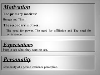 Motivation
The primary motives:
Hunger and Thirst
The secondary motives:
The need for power, The need for affiliation and The need for
achievement.
Personality
Personality of a person influence perception.
Expectations
People see what they want to see.
 
