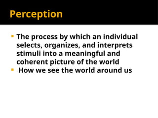 Perception
 The process by which an individual
selects, organizes, and interprets
stimuli into a meaningful and
coherent picture of the world
 How we see the world around us
 