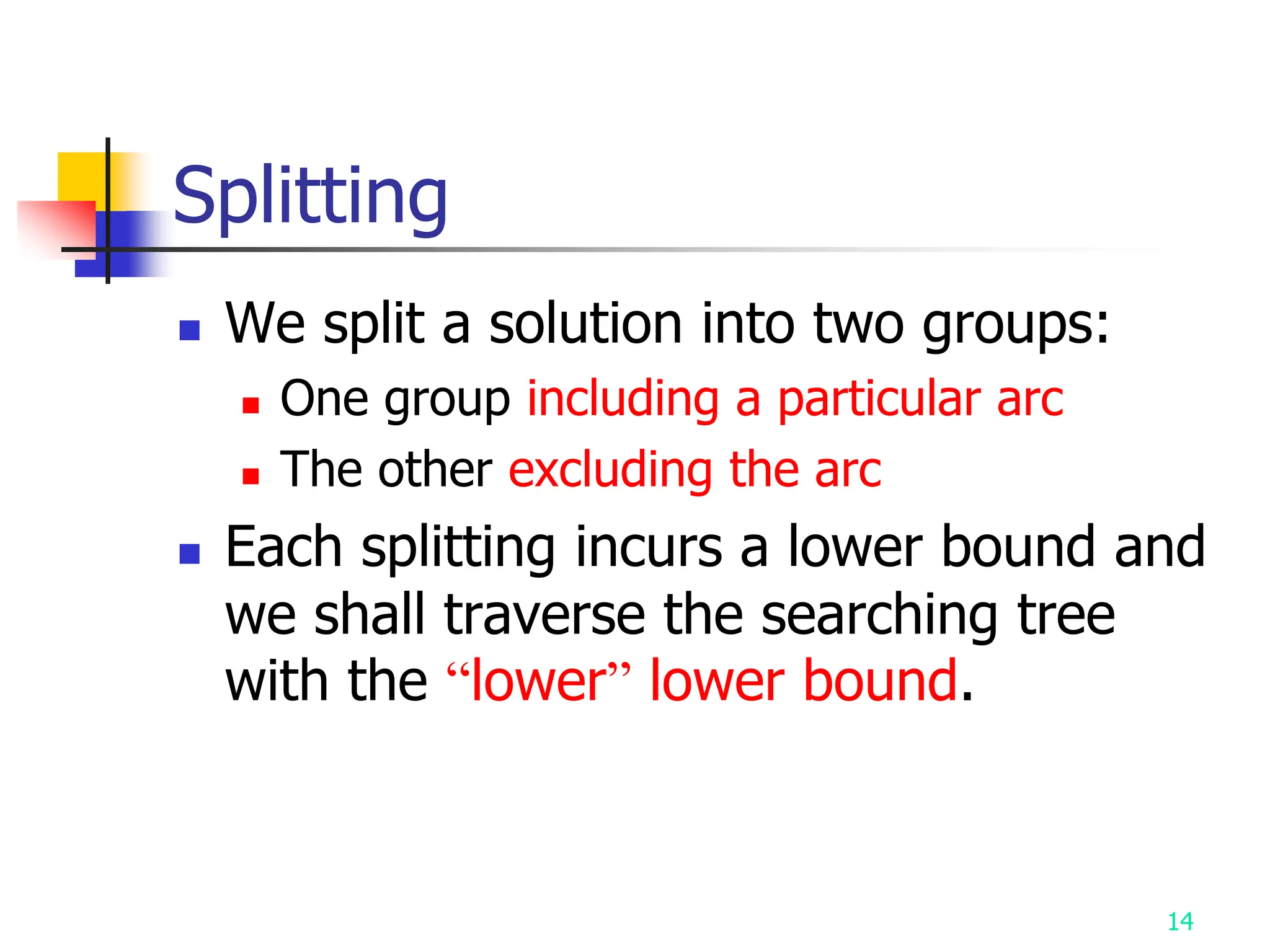 14
Splitting
 We split a solution into two groups:
 One group including a particular arc
 The other excluding the arc
 Each splitting incurs a lower bound and
we shall traverse the searching tree
with the “lower” lower bound.
 