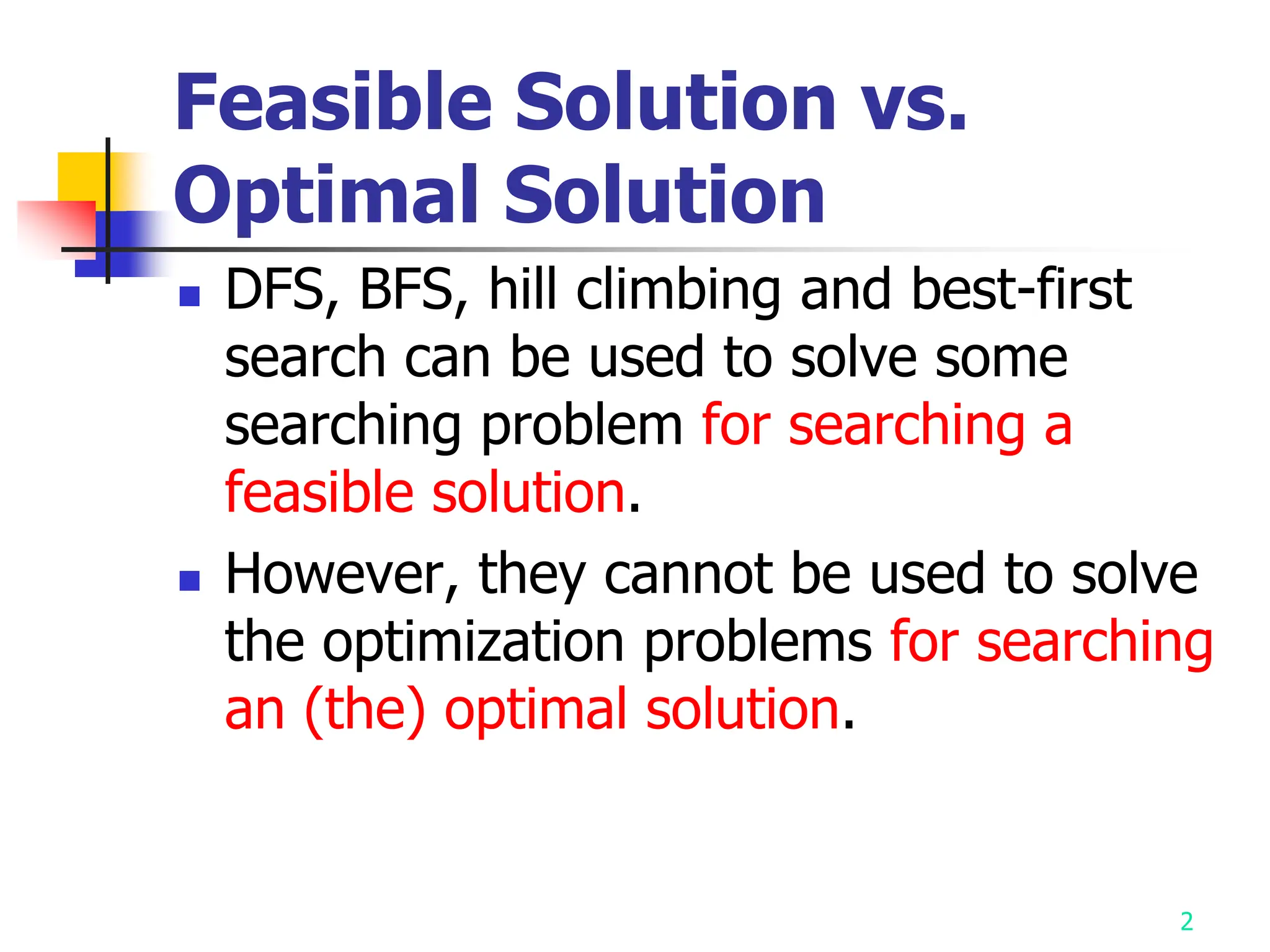 2
Feasible Solution vs.
Optimal Solution
 DFS, BFS, hill climbing and best-first
search can be used to solve some
searching problem for searching a
feasible solution.
 However, they cannot be used to solve
the optimization problems for searching
an (the) optimal solution.
 