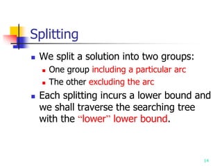 14
Splitting
 We split a solution into two groups:
 One group including a particular arc
 The other excluding the arc
 Each splitting incurs a lower bound and
we shall traverse the searching tree
with the “lower” lower bound.
 