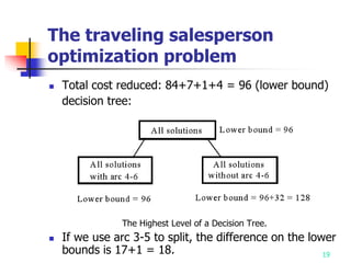 19
 Total cost reduced: 84+7+1+4 = 96 (lower bound)
decision tree:
The Highest Level of a Decision Tree.
 If we use arc 3-5 to split, the difference on the lower
bounds is 17+1 = 18.
The traveling salesperson
optimization problem
 