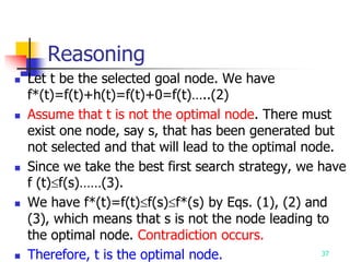 37
Reasoning
 Let t be the selected goal node. We have
f*(t)=f(t)+h(t)=f(t)+0=f(t)…..(2)
 Assume that t is not the optimal node. There must
exist one node, say s, that has been generated but
not selected and that will lead to the optimal node.
 Since we take the best first search strategy, we have
f (t)f(s)……(3).
 We have f*(t)=f(t)f(s)f*(s) by Eqs. (1), (2) and
(3), which means that s is not the node leading to
the optimal node. Contradiction occurs.
 Therefore, t is the optimal node.
 