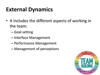 External Dynamics
• It includes the different aspects of working in
the team:
– Goal setting
– Interface Management
– Performance Management
– Management of perceptions
 
