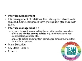 • Interface Management
• It is management of relations. For this support structure is
required. Some companies form the support structure with
team.
• Interface management is a
– process to assist in controlling the activities under task when
efforts are divided among parties (e.g. main executive, key
stake holders, experts, etc.)
– and/or to define and maintain compliance among the task that
should interoperate.
• Main Executive
• Key Stake Holders
• Experts
 